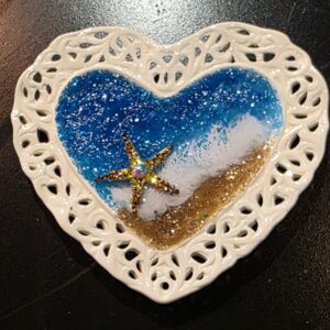 Beautiful Repurposed Lacey Heart Dish with Resin Beach Scene