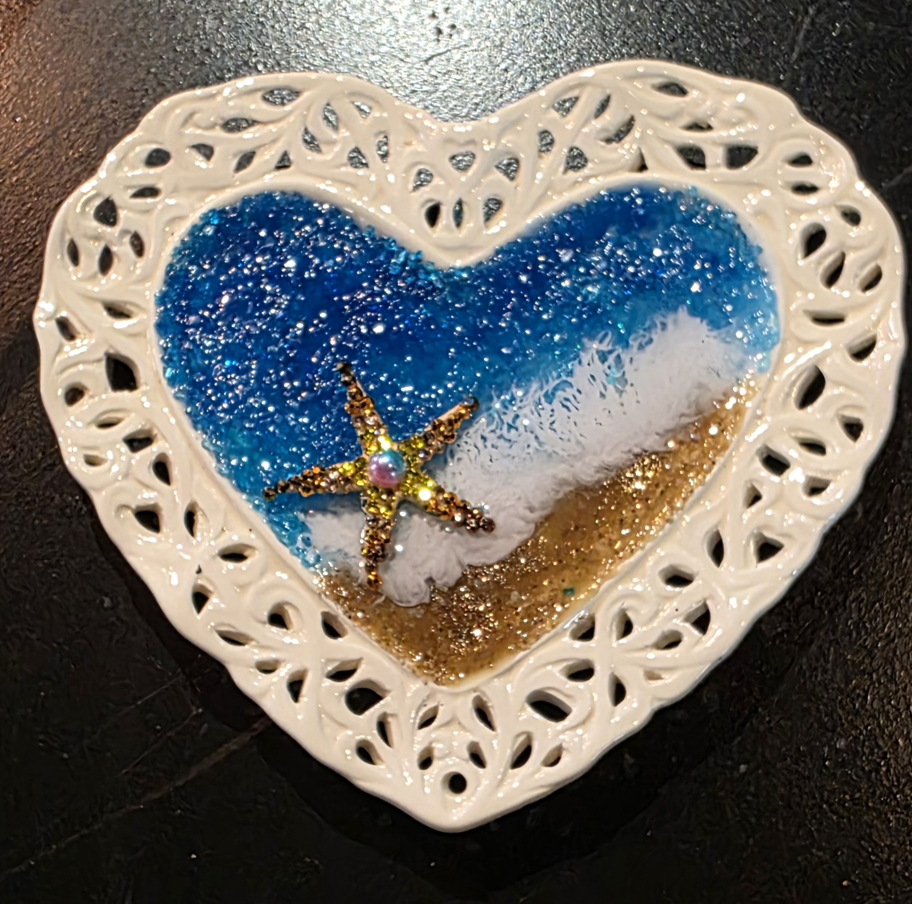 Beautiful repurposed lacey heart dish with resin beach scene Beautiful repurposed lacey heart dish with resin beach scene