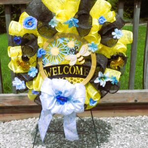 Vibrant Black & Yellow “Welcome” Wreath with Bee Accents