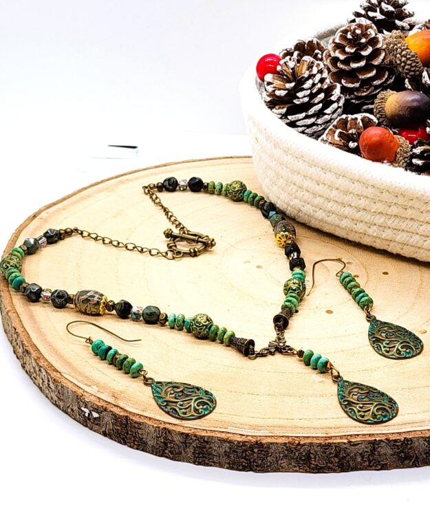 Handmade green boho necklace and earring set | patina filigree jewelry | vintage inspired artisan gift Handmade green boho necklace and earring set