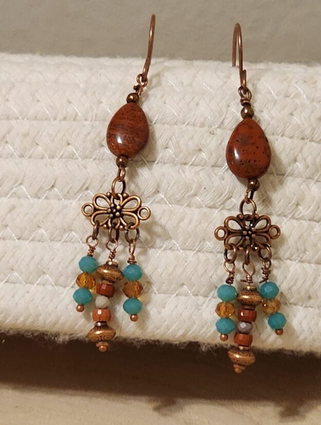 Southwest red jasper and turquoise chandelier earrings, antique copper boho statement dangles Southwest red jasper and turquoise