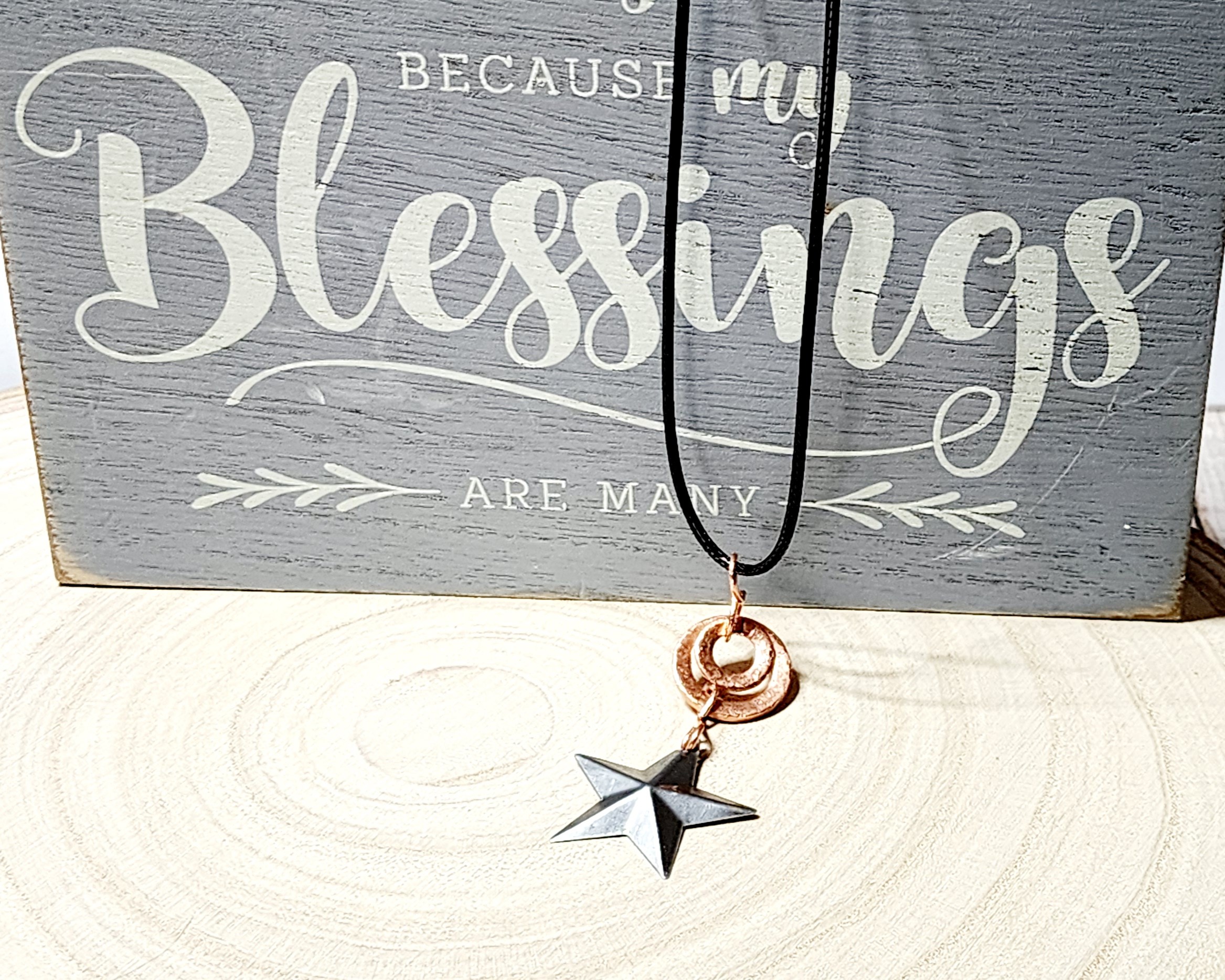Handcrafted hammered copper washer necklace with silver star or copper bead on black cord Handcrafted hammered copper washer necklace with silver star or copper bead on black cord - image 7