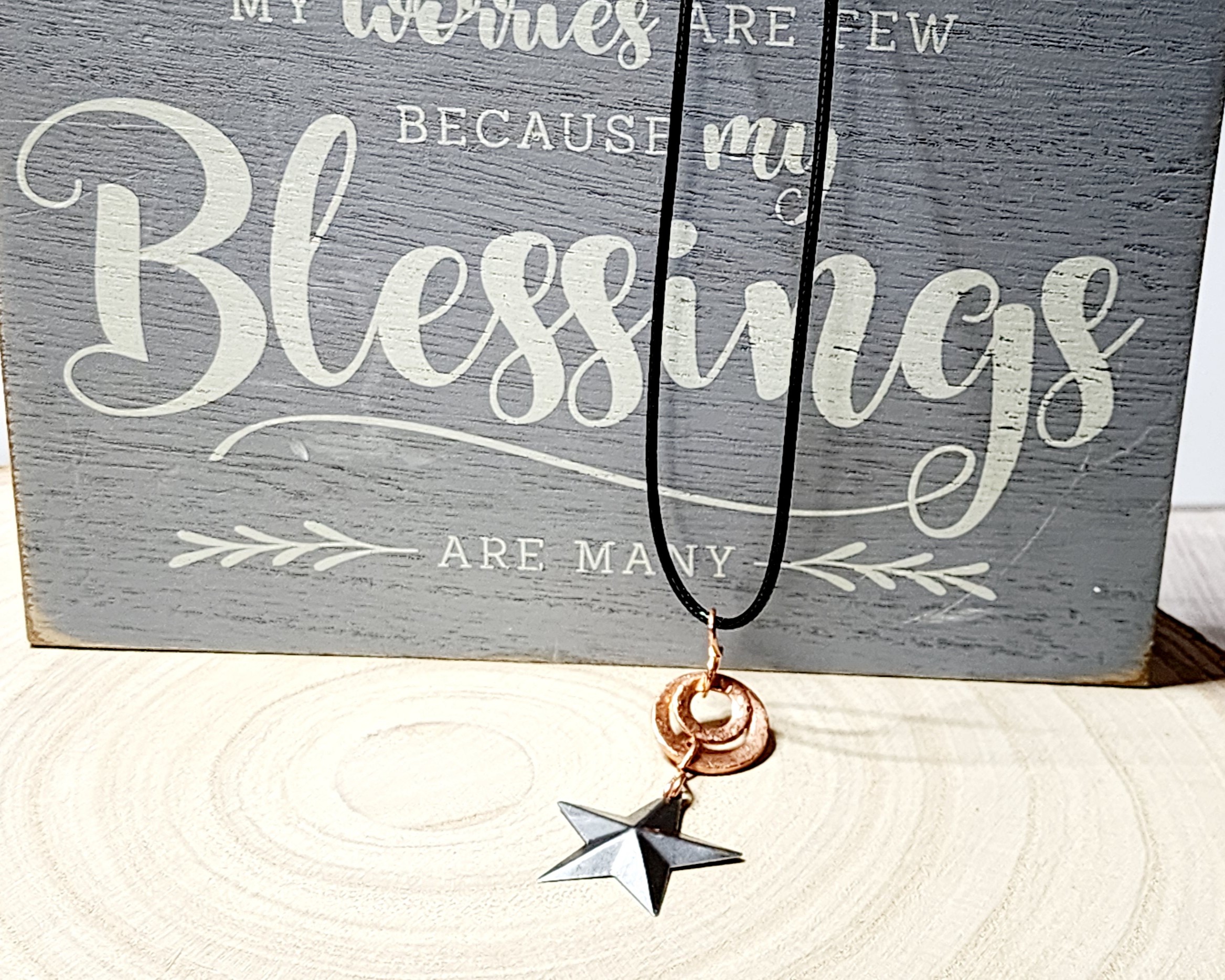 Handcrafted hammered copper washer necklace with silver star or copper bead on black cord Handcrafted hammered copper washer necklace with silver star or copper bead on black cord - image 6