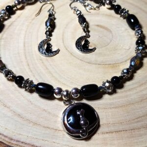 Genuine Black Onyx & Golden Sheen Obsidian Celestial Cat Jewelry Set - Whimsigoth Beaded Necklace and Moon Earring Set (Free Shipping)