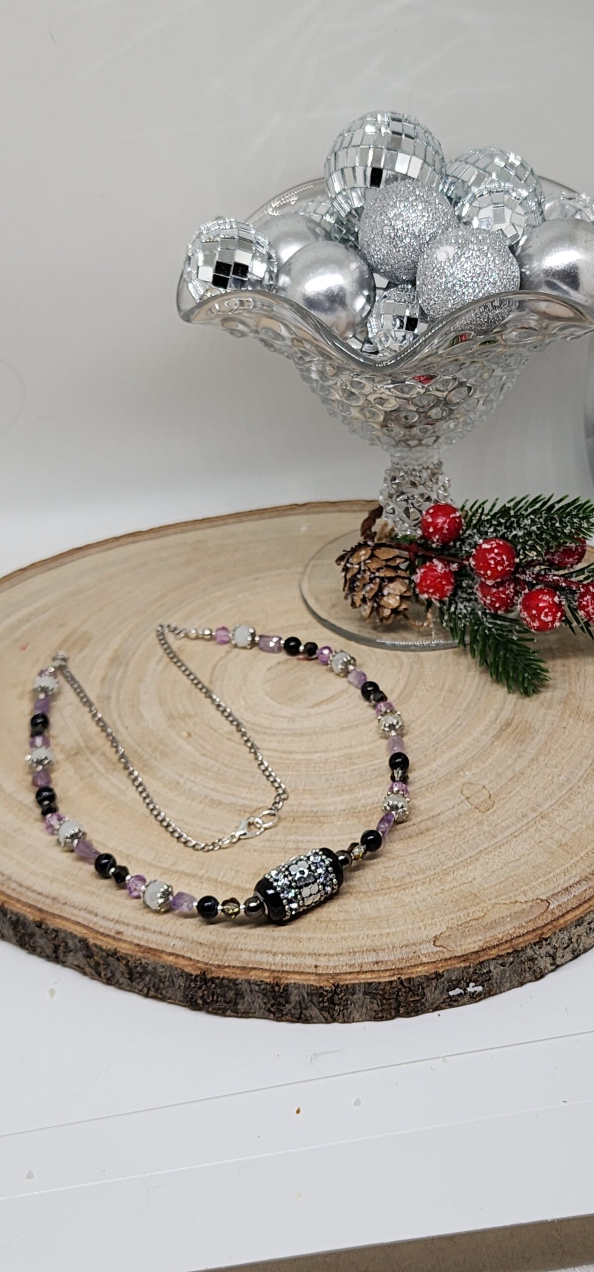 Handmade necklace – winter woodland beads-black onyx floral focal bead Handmade necklace – winter woodland beads-black onyx floral focal bead