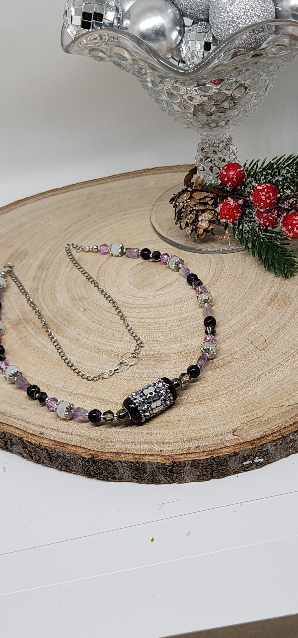 Handmade necklace – winter woodland beads-black onyx floral focal bead Handmade necklace – winter woodland beads-black onyx floral focal bead