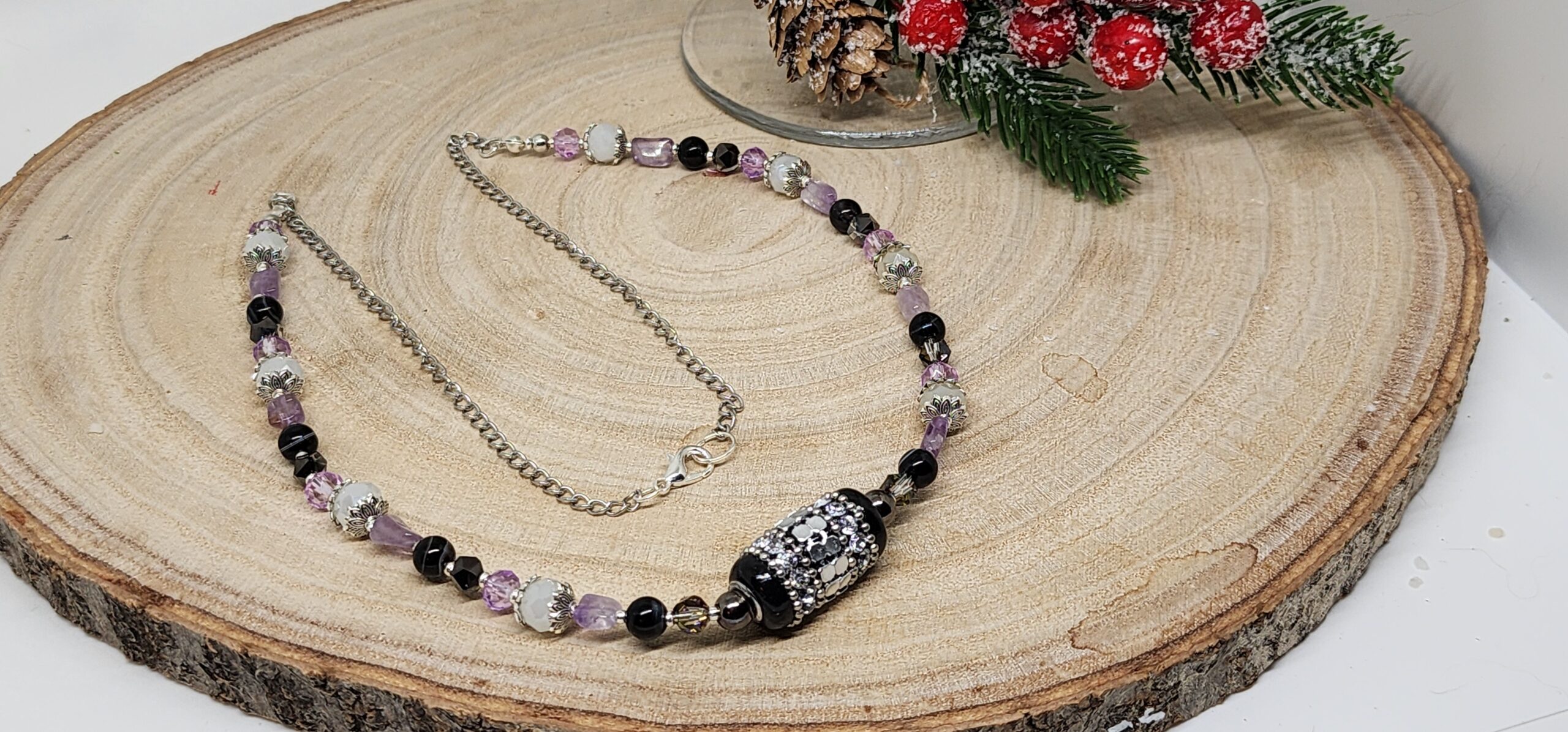Handmade necklace – winter woodland beads-black onyx floral focal bead Handmade necklace – winter woodland beads-black onyx floral focal bead - image 4