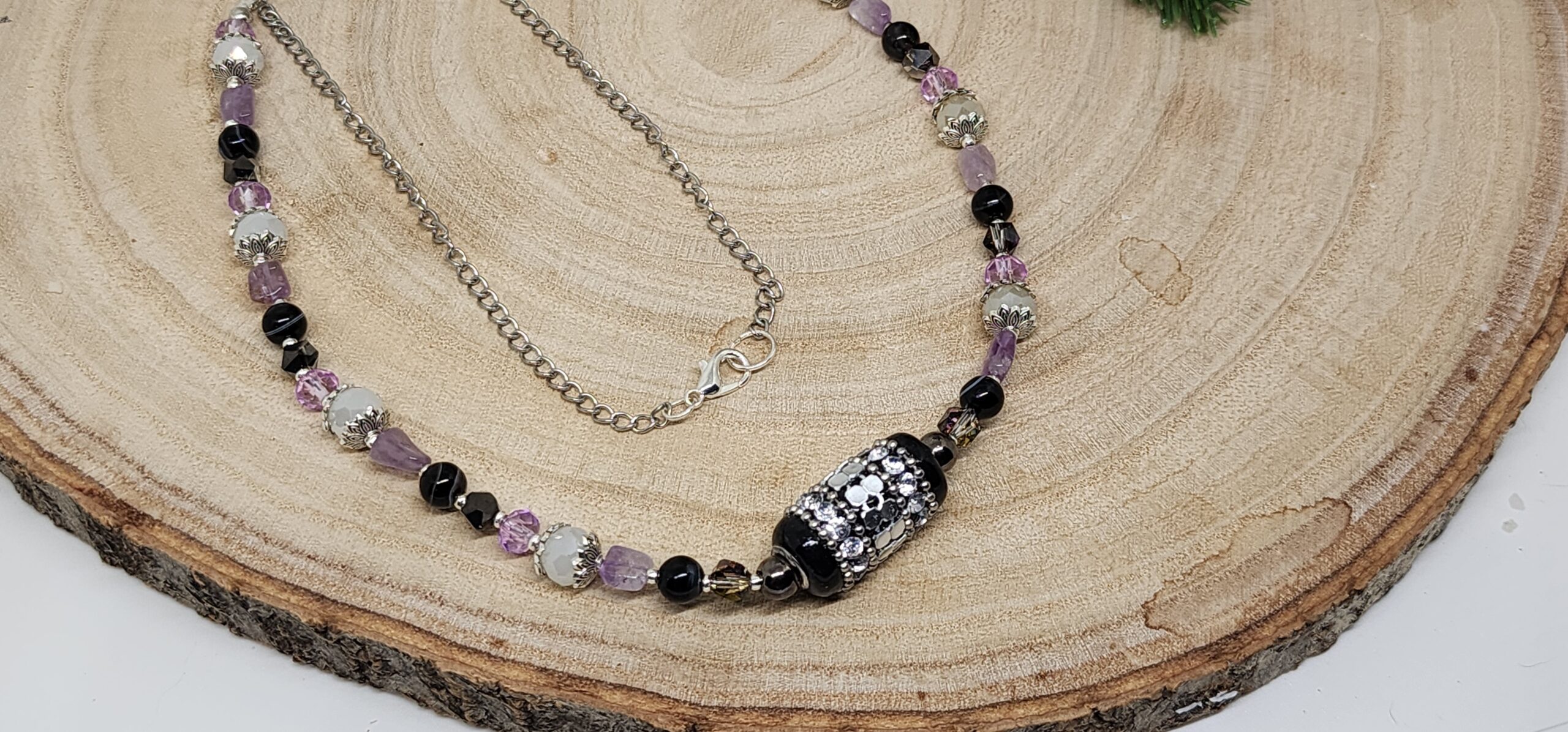 Handmade necklace – winter woodland beads-black onyx floral focal bead Handmade necklace – winter woodland beads-black onyx floral focal bead - image 3