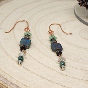 Blue -Green Square Czech Glass Dangle Earrings Elegant Blue - Green Beaded Jewelry, Gift for her Jewelry