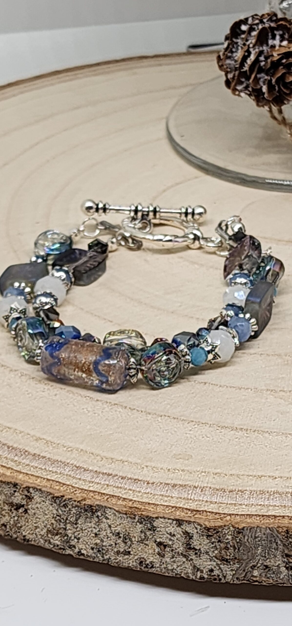 Handcrafted double strand beaded bracelet – artisan toggle clasp | unique gift | blue, purple, metallic tones Handcrafted double strand beaded bracelet – artisan toggle clasp | unique gift | blue, purple, metallic tones - image 3