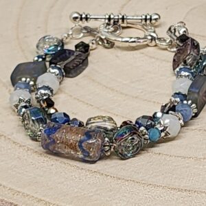 Handcrafted Double Strand Beaded Bracelet – Artisan Toggle Clasp | Unique Gift | Blue, Purple, Metallic Tones