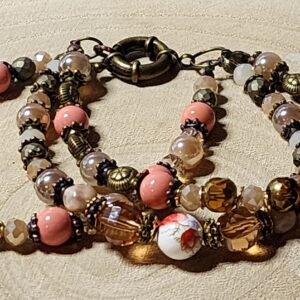 Vintage-Inspired Peach & Bronze Beaded Bracelet | Multi-Strand Boho Bracelet | Glass & Crystal Bead Bracelet | Handmade Jewelry Gift for Her