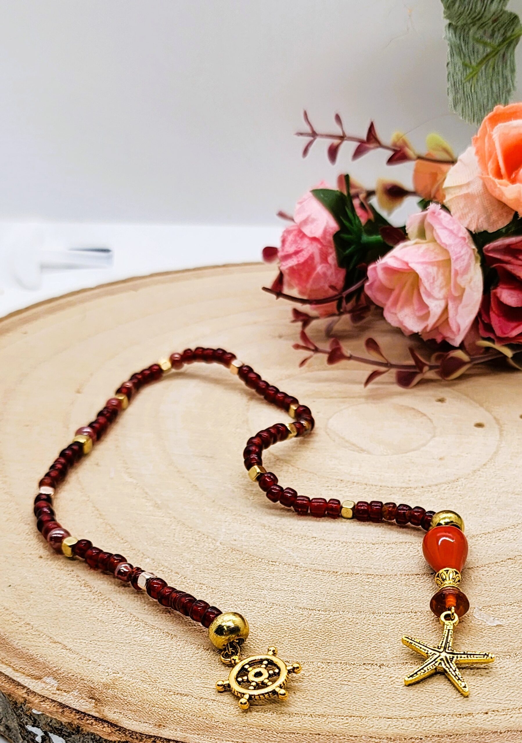 Red glass beaded bookmark with ocean themed gold tone charms Red glass beaded bookmark with ocean themed gold tone charms - image 3
