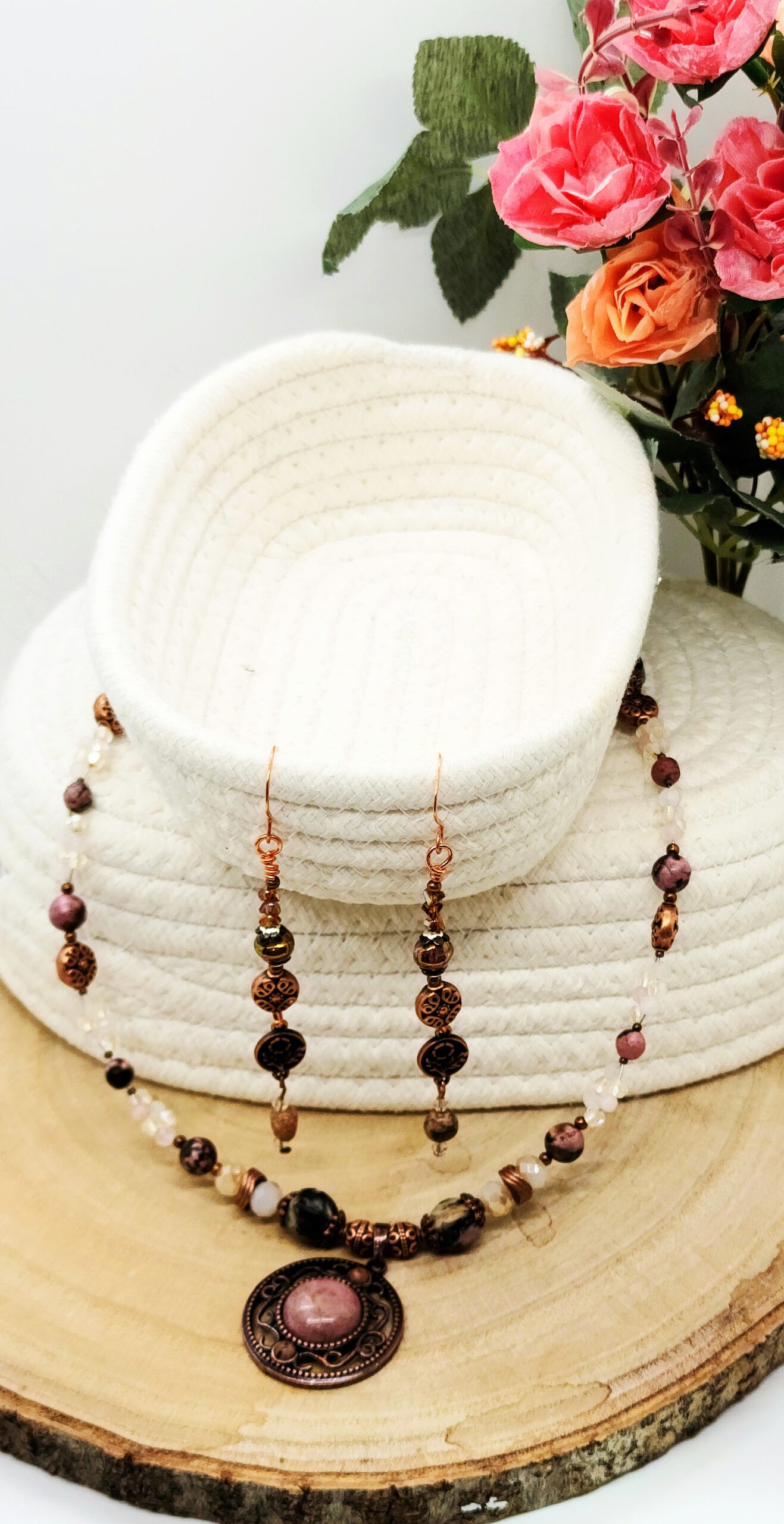 Rhodonite & copper necklace and earring set • handmade gemstone jewelry • pink stone pendant set Rhodonite & copper necklace and earring set • handmade gemstone jewelry • pink stone pendant set