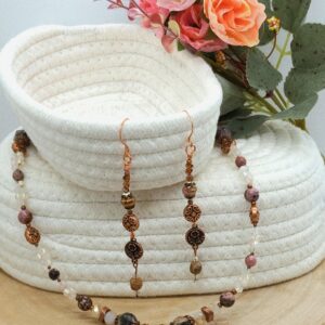 Rhodonite & Copper Necklace and Earring Set • Handmade Gemstone Jewelry • Pink Stone Pendant Set