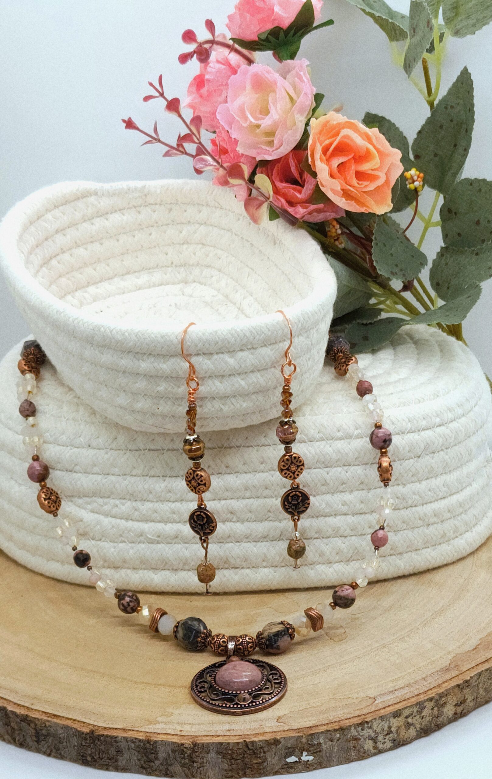 Rhodonite & copper necklace and earring set • handmade gemstone jewelry • pink stone pendant set Rhodonite & copper necklace and earring set • handmade gemstone jewelry • pink stone pendant set