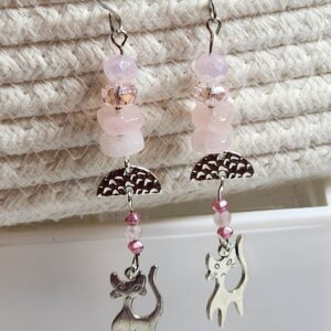 Pink Rose Quartz Kitty Cat Dangle Earrings – Cute Cat Lover Jewelry, Handmade Pink Crystal Earrings