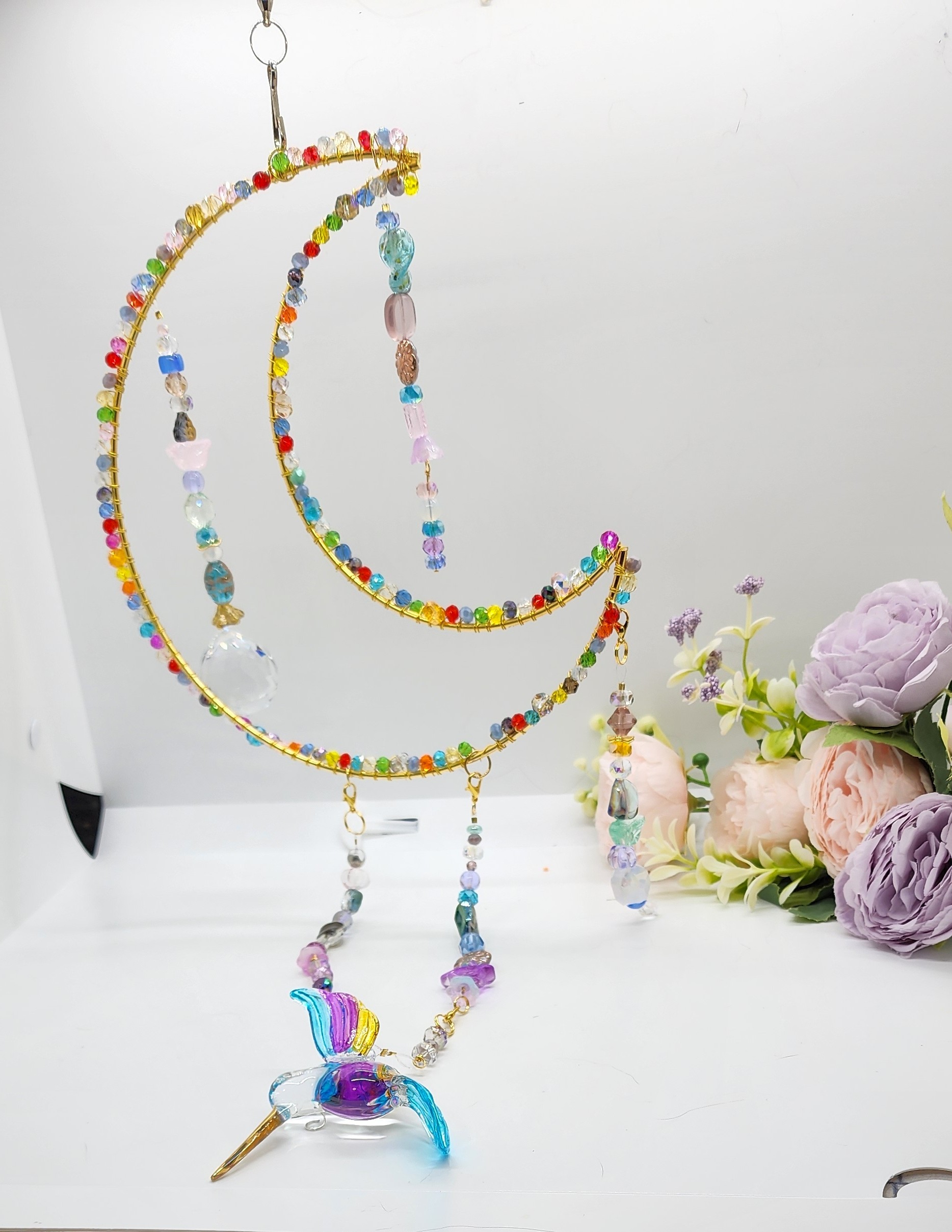 Handcrafted hummingbird crescent moon suncatcher – crystal beaded window decor, rainbow maker gift Handcrafted hummingbird crescent moon suncatcher – crystal beaded window decor, rainbow maker gift - image 3