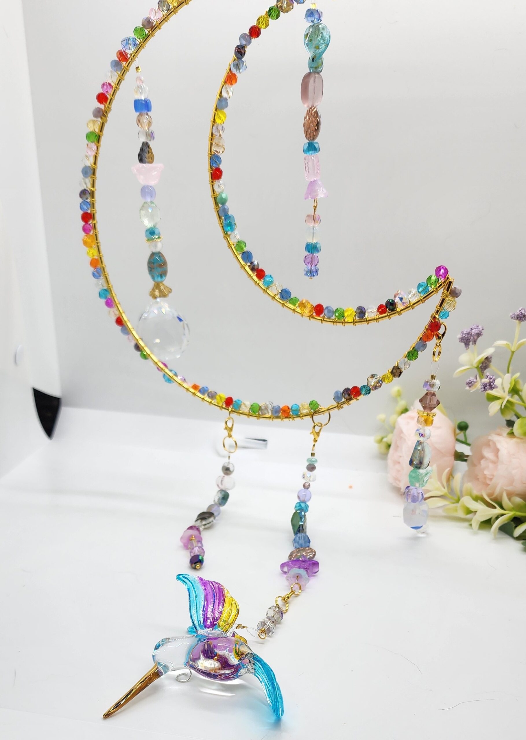 Handcrafted hummingbird crescent moon suncatcher – crystal beaded window decor, rainbow maker gift Handcrafted hummingbird crescent moon suncatcher – crystal beaded window decor, rainbow maker gift