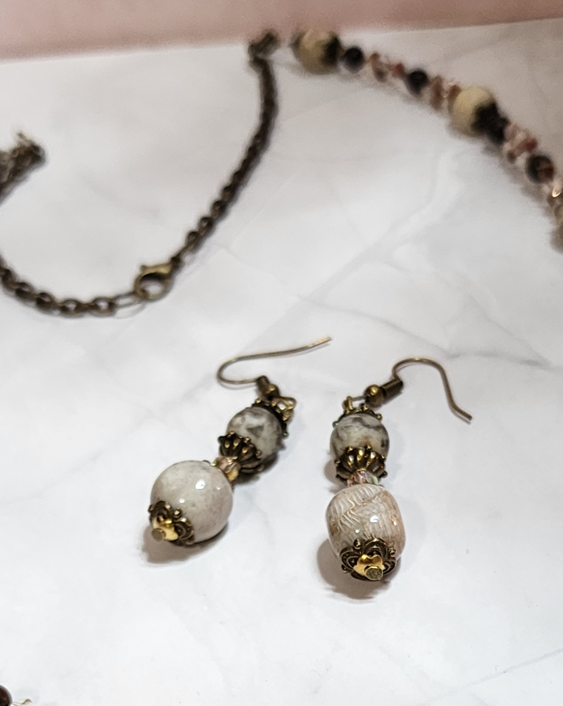 Fossil coral & feldspar gemstone jewelry set • handmade necklace & earrings • natural stone artisan gift Fossil coral & feldspar gemstone jewelry set • handmade necklace & earrings • natural stone artisan gift