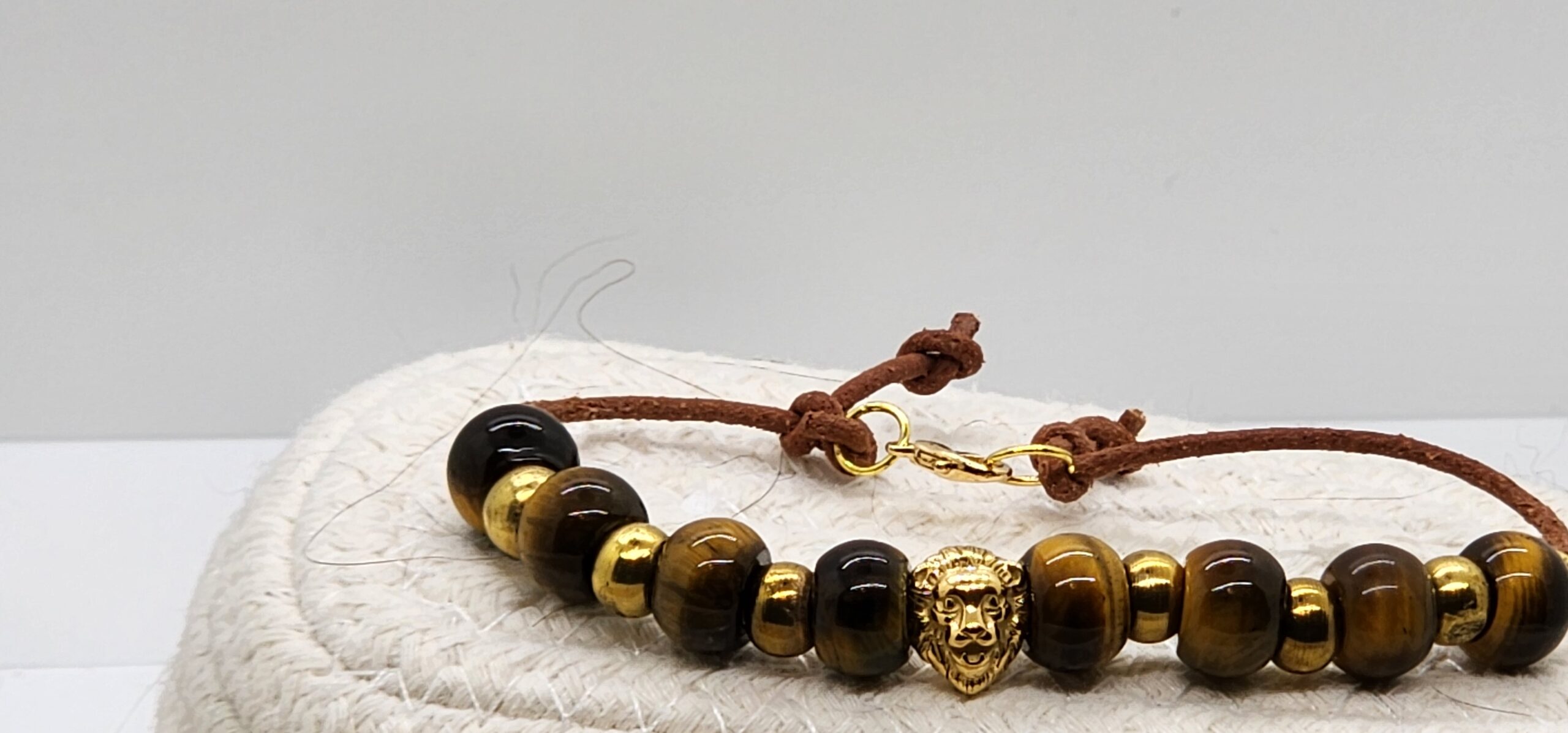 Men's tiger eye & leather bracelet – gold lion accent for strength & style 🦁✨-brass spacer beads Men's tiger eye & leather bracelet – gold lion accent for strength & style 🦁✨-brass spacer beads - image 3
