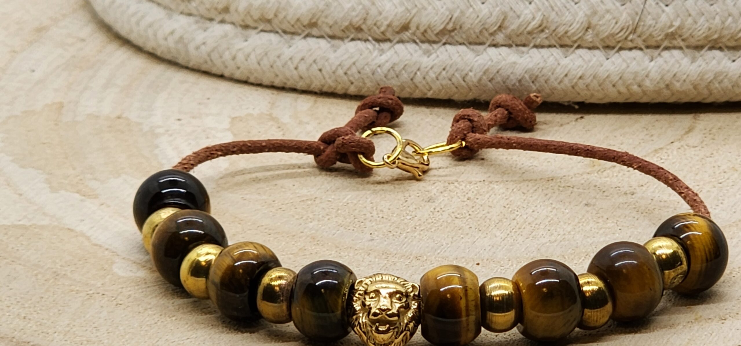 Men's tiger eye & leather bracelet – gold lion accent for strength & style 🦁✨-brass spacer beads Men's tiger eye & leather bracelet – gold lion accent for strength & style 🦁✨-brass spacer beads