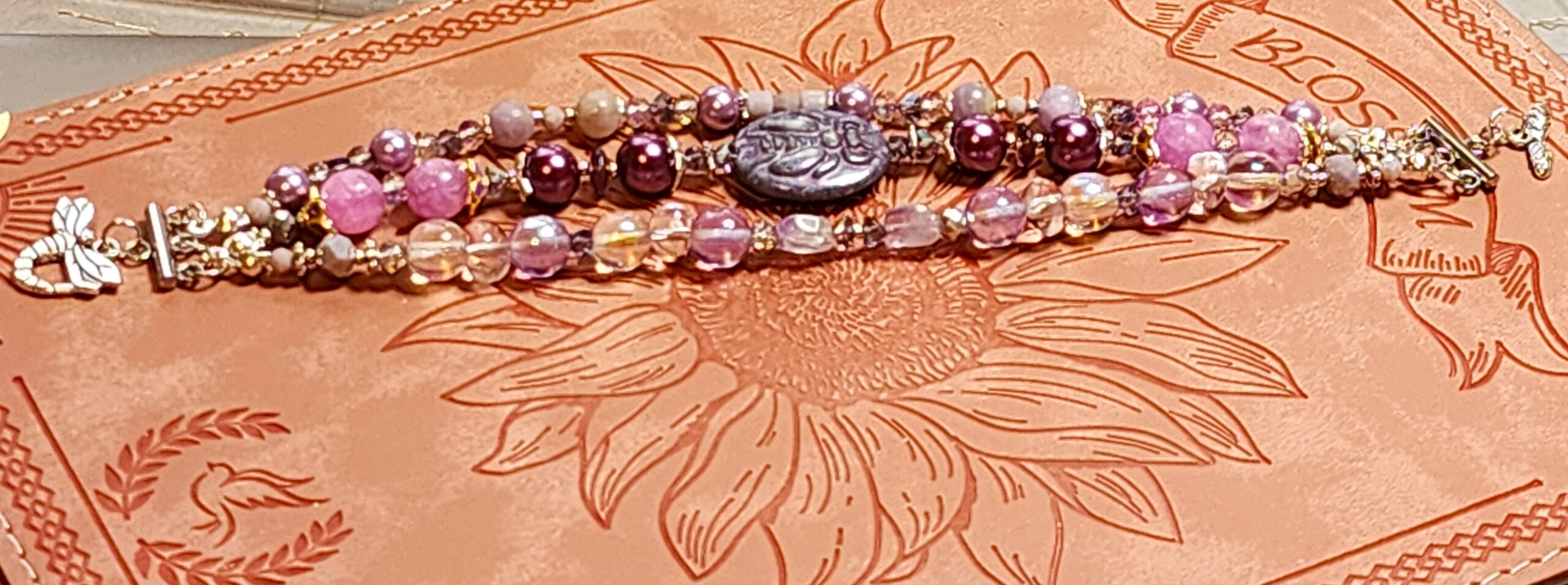 Triple strand bee bracelet • purple & silver beaded layers • artisan nature jewelry Triple strand bee bracelet • purple & silver beaded layers • artisan nature jewelry