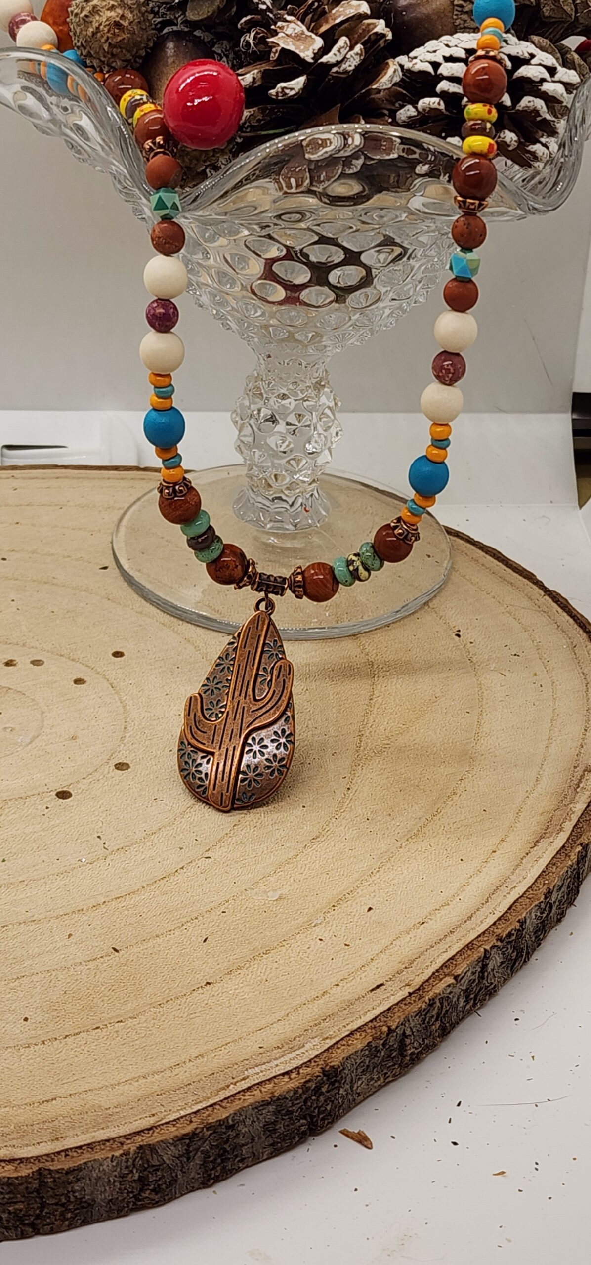 Southwestern cactus pendant necklace | turquoise & earth tone beaded boho jewelry Southwestern cactus pendant necklace | turquoise & earth tone beaded boho jewelry - image 3