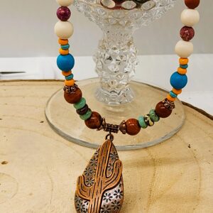 Southwestern Cactus Pendant Necklace | Turquoise & Earth Tone Beaded Boho Jewelry