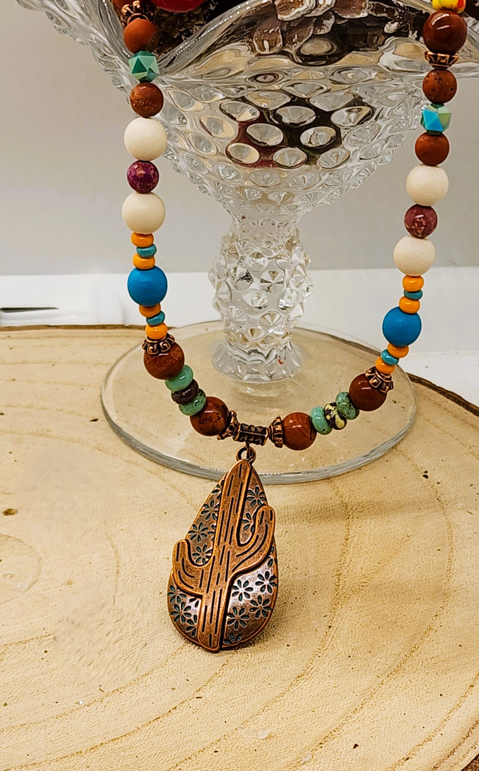 Southwestern cactus pendant necklace | turquoise & earth tone beaded boho jewelry Southwestern cactus pendant necklace | turquoise & earth tone beaded boho jewelry