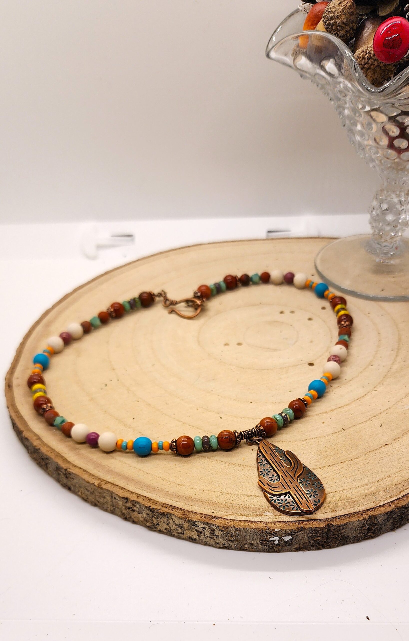 Southwestern cactus pendant necklace | turquoise & earth tone beaded boho jewelry Southwestern cactus pendant necklace | turquoise & earth tone beaded boho jewelry