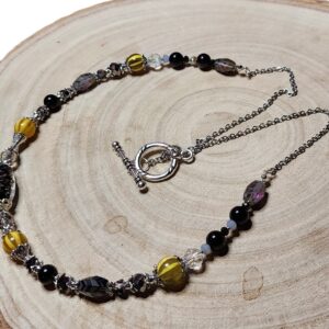 Handmade Black & Amber Glass Beaded Necklace | Elegant Earth-Tone Crystal Necklace with Silver Toggle | One of a Kind Artisan Jewelry
