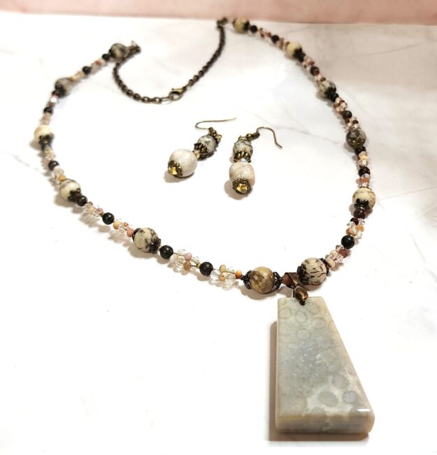 Fossil coral & feldspar gemstone jewelry set • handmade necklace & earrings • natural stone artisan gift Fossil coral & feldspar
