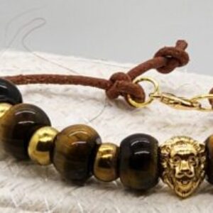 Men’s tiger eye & leather bracelet – gold lion accent for strength & style 🦁✨-brass spacer beads