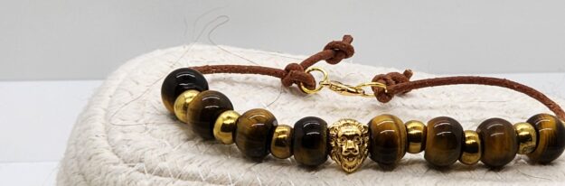 Men's tiger eye & leather bracelet – gold lion accent for strength & style 🦁✨-brass spacer beads Men's tiger eye & leather bracelet – gold lion accent for strength & style 🦁✨-brass spacer beads