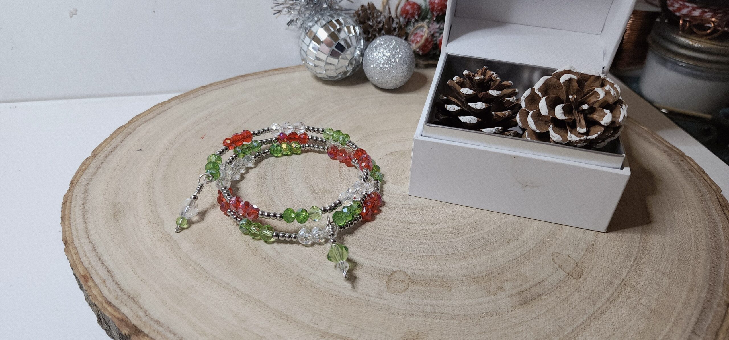 Handmade christmas memory wire bracelet โ red, green & clear crystal beads with festive charm Handmade christmas memory wire bracelet โ red, green & clear crystal beads with festive charm
