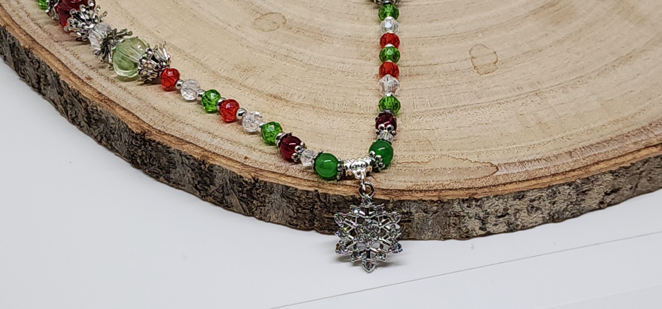 Christmas snowflake necklace – red green & clear beaded holiday necklace, winter jewelry gift, handmade festive statement necklace Christmas snowflake necklace – red green & clear beaded holiday necklace, winter jewelry gift, handmade festive statement necklace - image 3