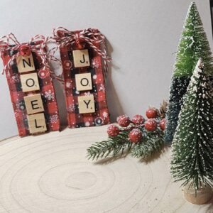 Rustic buffalo plaid christmas ornaments – handmade scrabble tile joy & noel holiday décor