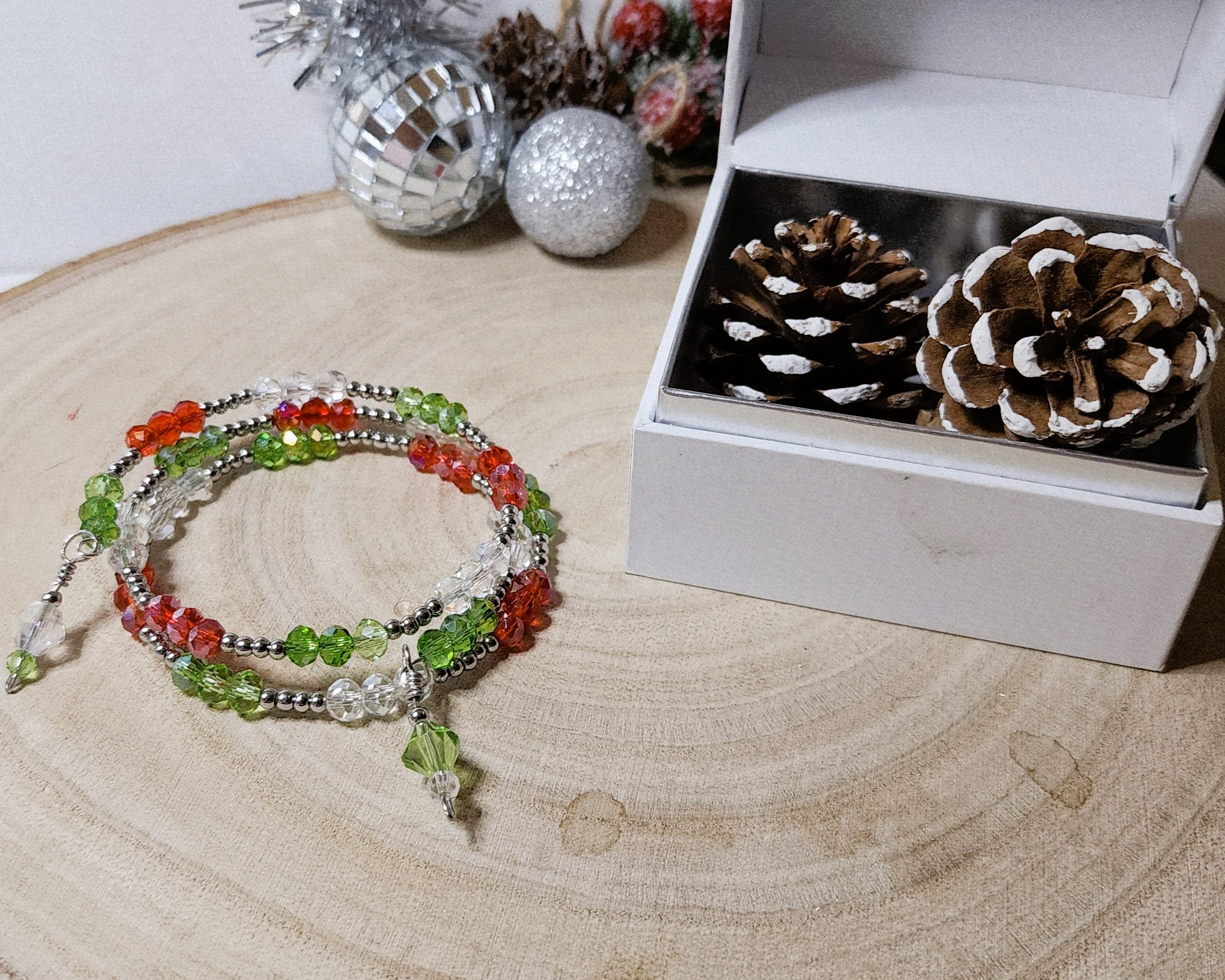Handmade christmas memory wire bracelet โ red, green & clear crystal beads with festive charm Handmade christmas memory wire bracelet โ red, green & clear crystal beads with festive charm